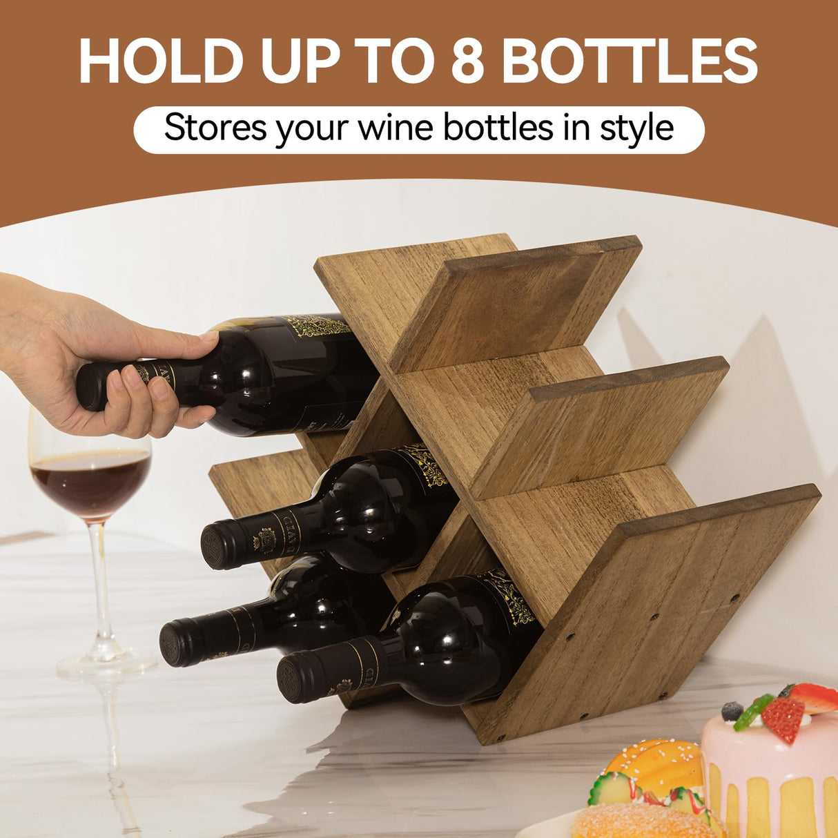 KIRIGEN 8-Bottle Countertop Wine Rack - Wine Bottle Holder for Bar Table/Wine Cabinet Free Standing - Wood 3-Tier Wine Display and Storage Shelves Dark Brown XHJJ3-DBR KIRIGEN
