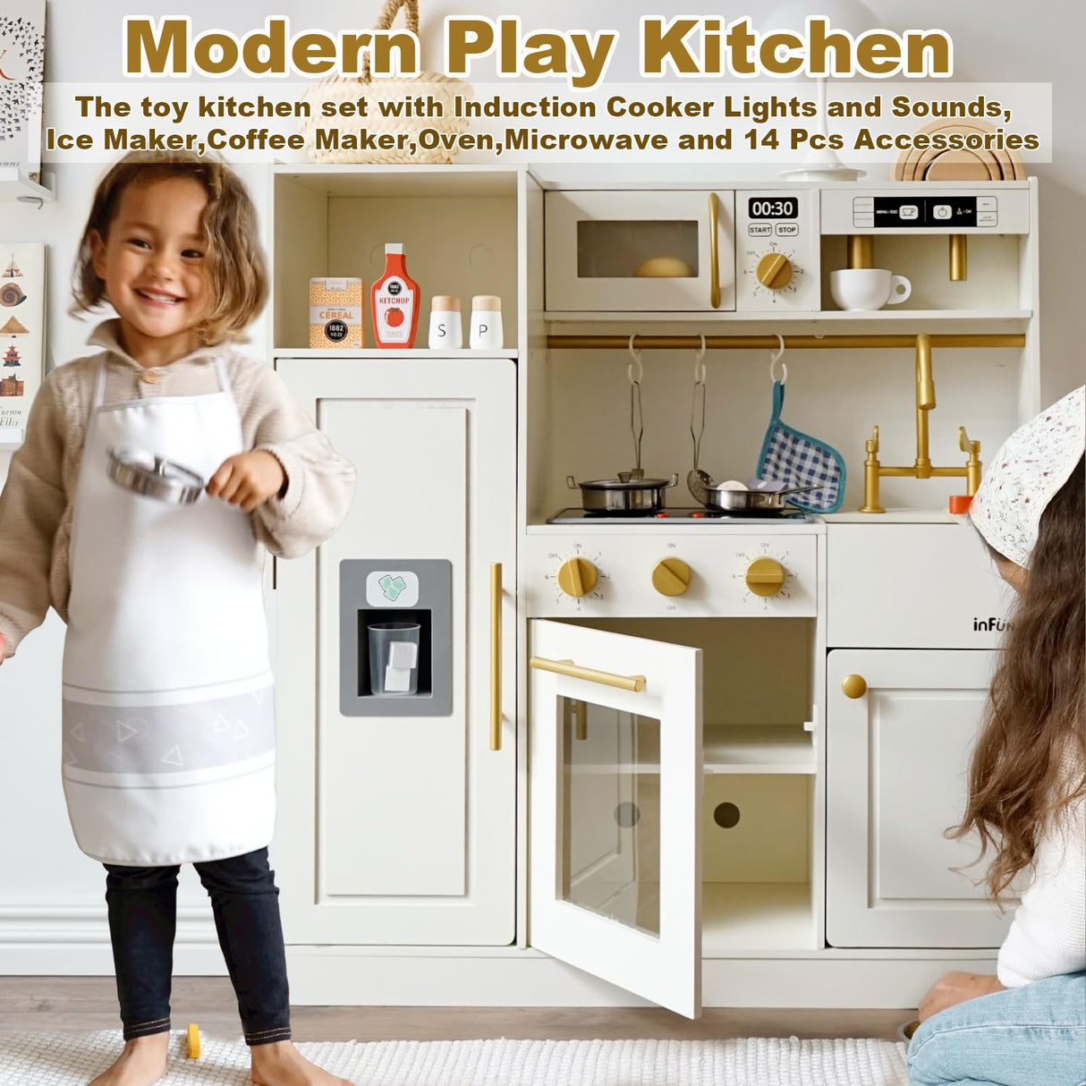 inFUNSAME Wooden Kids Play Kitchen Toy Kitchen Set with Lights and Sounds,Ice Maker,Coffee Maker and 14 Pcs Toy Food Accessories,Toddler Kitchen Playset Gifts for Boys and Girls Ages3+ inFUNSAME