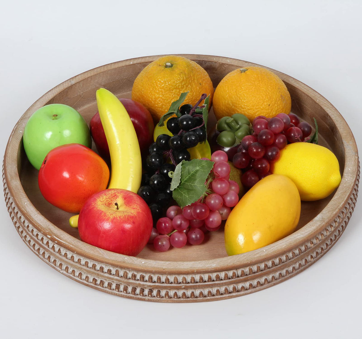 Carah & Cossh Round Wooden Serving Tray, Whitewashed Round Decorative Wood Tray, Round Farmhouse Rustic Decorative Tray, Perfect for Storage and Display (Brown) Carah & Cossh