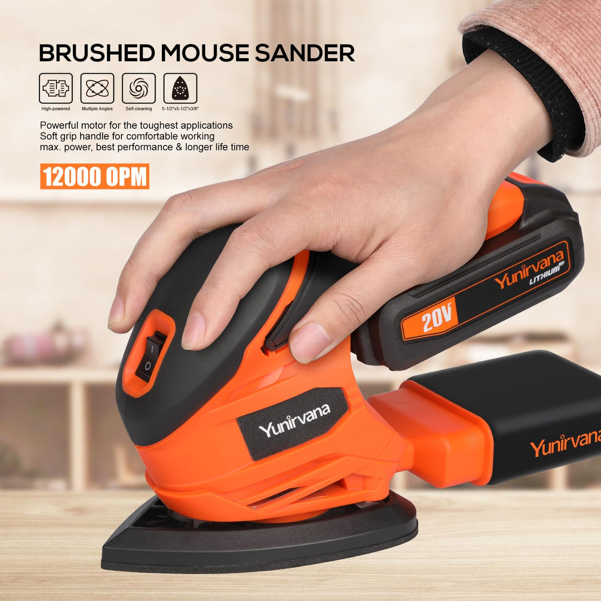 Yunirvana 20V Cordless Sander, Detail Sanders, 20Pcs Sandpapers,12000 RPM Sanders with Dust Collection System for Tight Spaces Sanding in Home Decoration, Battery and Charger Included Yunirvana