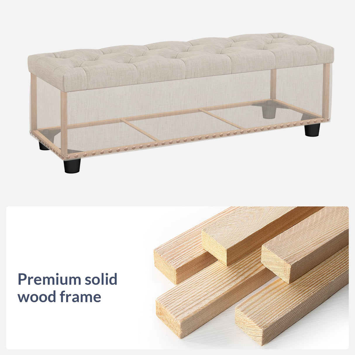 BELLEZE 47" Storage Ottoman, Storage Bench with Safety Close Hinge, Linen Button-Tufted Ottoman for Living Room, Entryway, Hallway, Foot Rest, Support 300lbs - Beige BELLEZE