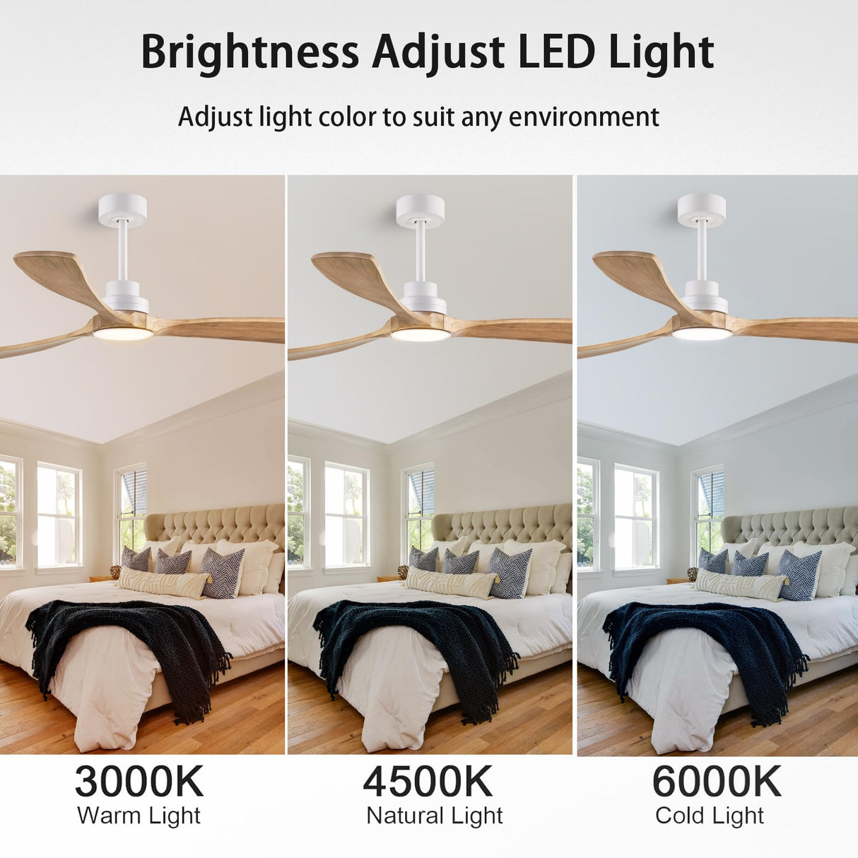 dearnow 60" Ceiling Fans with Light with Remote Control, Indoor Outdoor Wood Ceiling Fan with 3 Wood Blades for Living Room, Hallway, Office, Farmhouse, etc. (White + Wood Color) dearnow