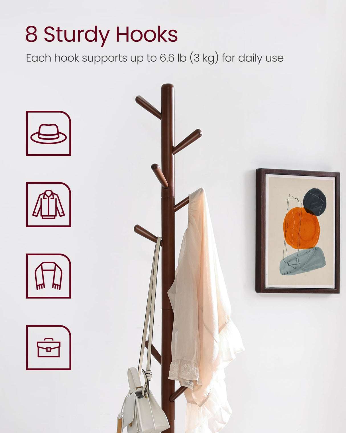 VASAGLE Solid Wood Coat Rack, Free Standing Hall Coat Tree with 8 Hooks, 3 Height Options, for Coats, Hats, Bags, Purses, for Entryway, Hallway, Rubberwood Hooks and Pole, Dark Walnut URCR010W01 VASAGLE