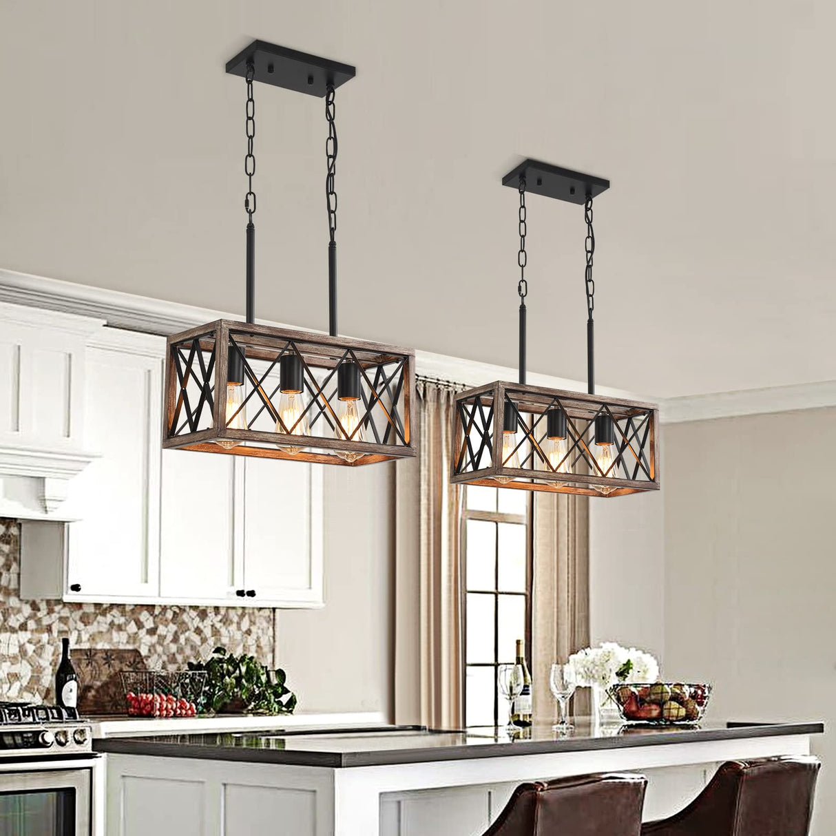 KEESFU Farmhouse Kitchen Island Lighting, 3 Lights Pendant Lighting Fixtures, Adjustable Height, Industrial Dining Room Light for Living Room Foyer Dining Table Over Sink. (Wood Grain Color) KEESFU