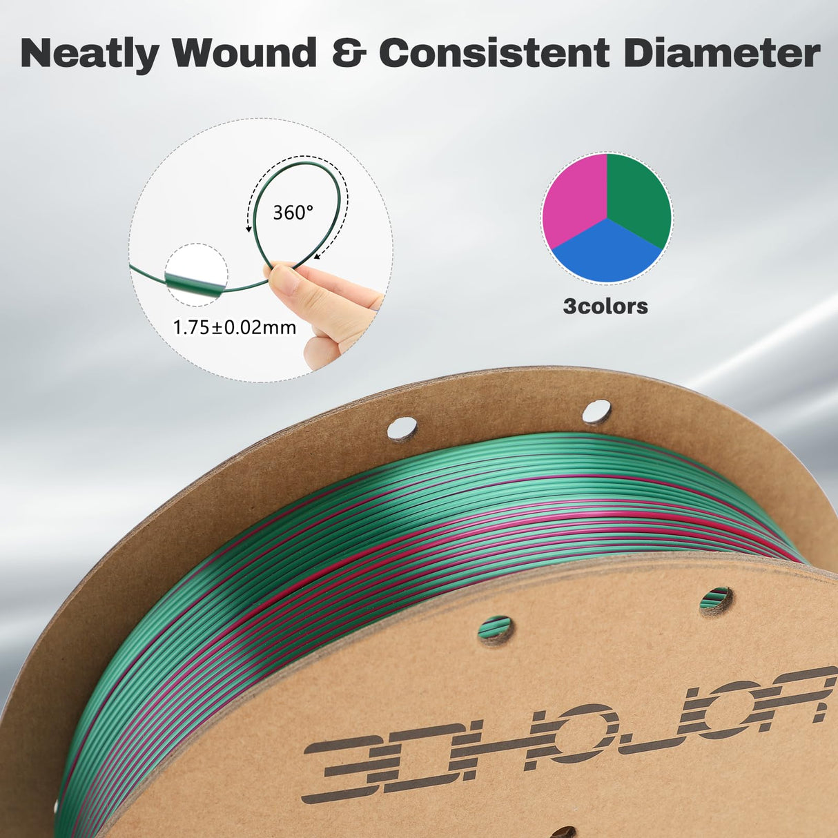 3DHoJor Silk PLA Filament 1.75mm Red Green Blue Triple Color PLA 3D Printer Filament 3 in 1 Coextrusion 1KG Spool(2.2lbs) 3D Printing Filament Dimensional Accuracy +/- 0.03mm 3DHoJor