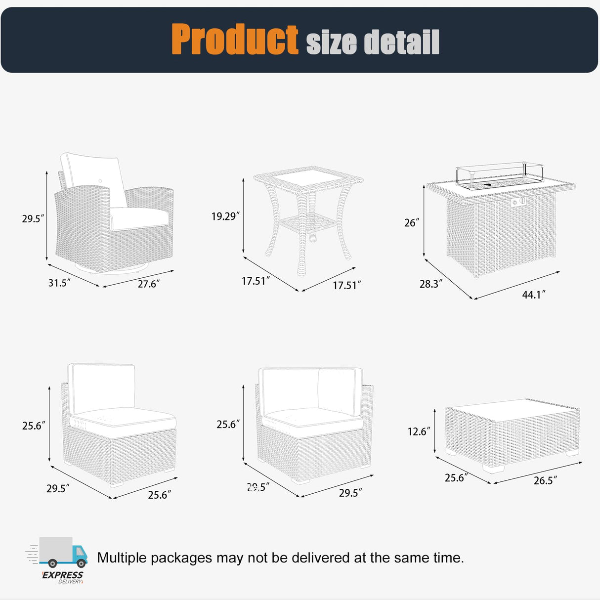 KHOLH Patio Furniture Set with Fire Pit Table, 15 Pieces Outdoor All-Weather Wicker Conversation Sectional Chair Sofa Set with 4 Swivel Chairs KHOLH