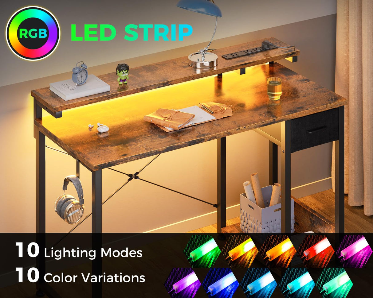 AODK Gaming Desk with LED Lights & Power Outlet, 40 Inch Computer Desk with Drawer, Reversible Desk with Monitor Shelf & Headphone Hook for Home Office AODK