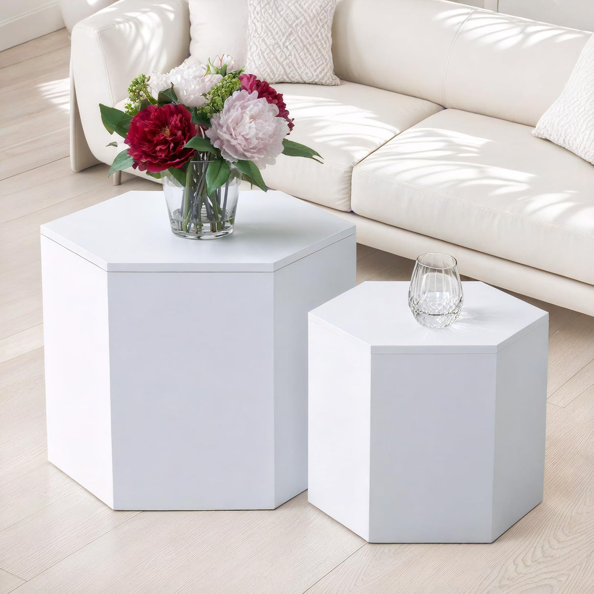 Wood Nesting Coffee Table Set of 2, Modern Round Coffee Table with Non-Slip Feet, Wooden Circle Side Table and Accent Furniture for Bedroom Balcony Lounge Home Office, No Assembling ivoros