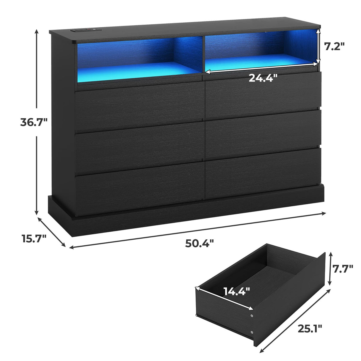 DICTAC Dresser for Bedroom with LED Lights and Charging Station, Black Dresser with No Handle Drawers, Modern Chest of Drawers, Dimensions 50.4''L x 15.7''D x 36.7''H DICTAC