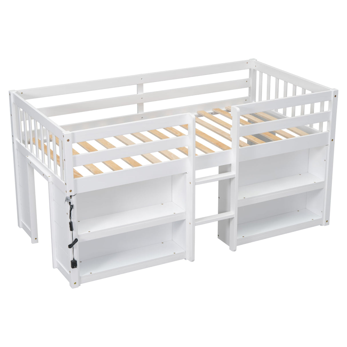 YOPTO Twin Size Low Loft Bed with Storage Shelves and LED Light - Multifunctional Pine Wood Frame for Kids, White YOPTO