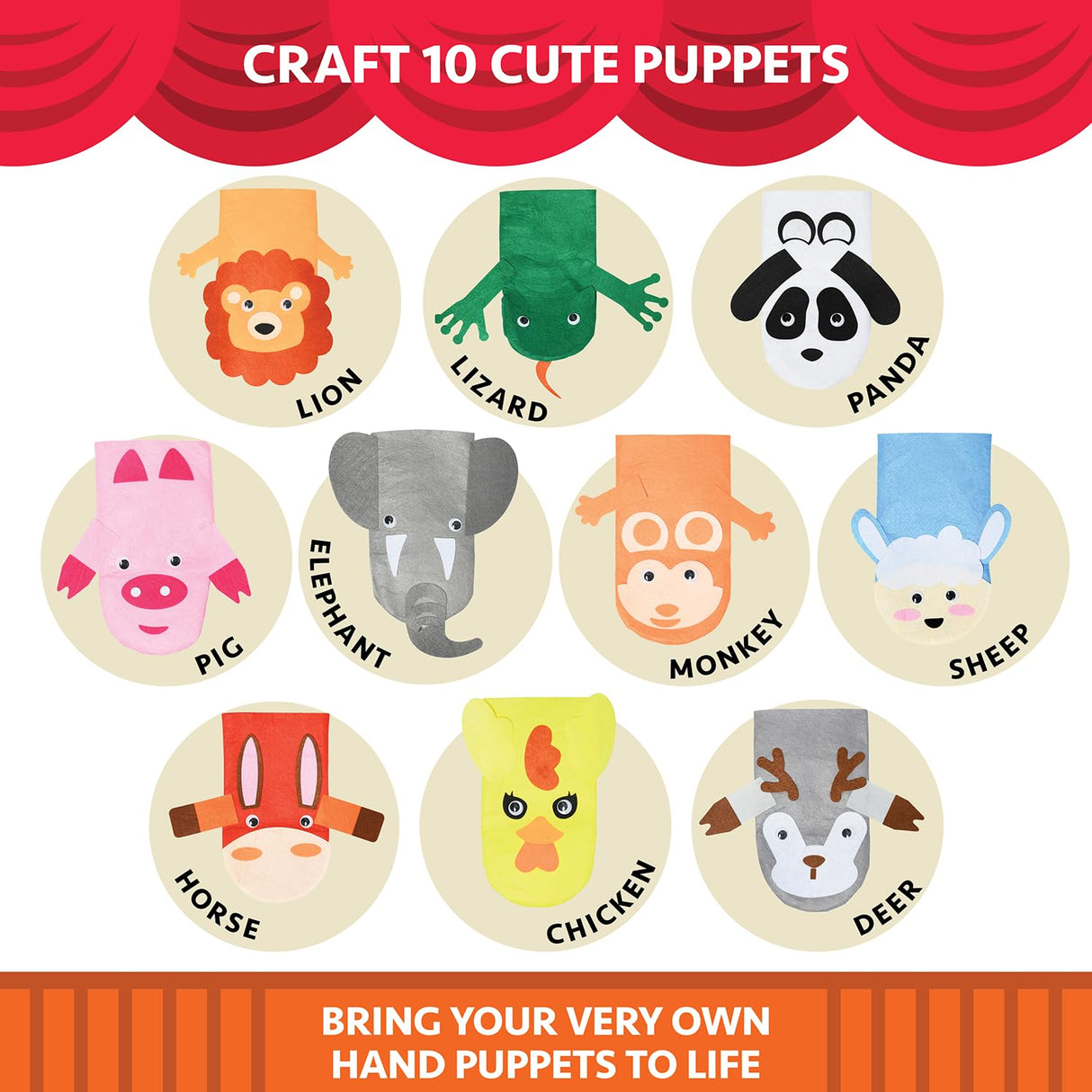 Hand Puppet Kit - Make Your Own Animal Puppets - 10 Felt Puppets - Simple Step By Step Instructions - Art Craft, Role Play, Storytelling - Puppets for kids, Children's Art & Craft Birthday Gifts Ideas KOOL KRAFTS