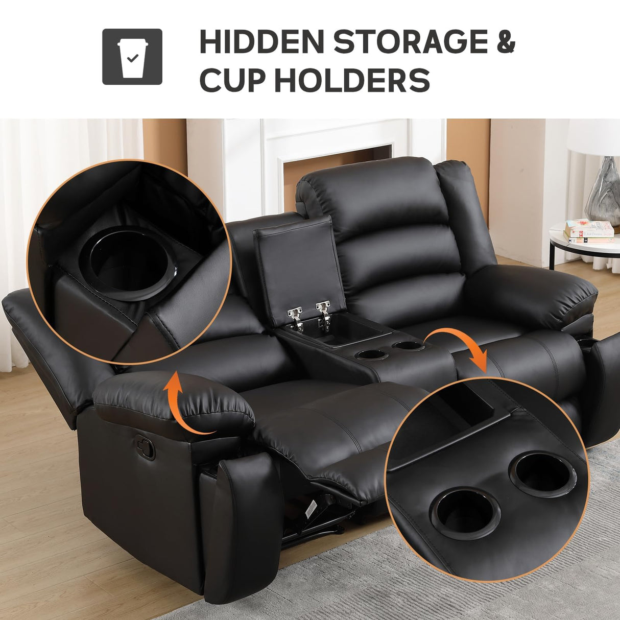 EBELLO Faux Leather Manual Loveseat Recliner, Reclining Sofa Chair with 2 Concealed Cup Holders, Hidden Storage, Overstuffed Armrest Couch Set for Living Room, Bedroom, Meeting Room(Loveseat) EBELLO