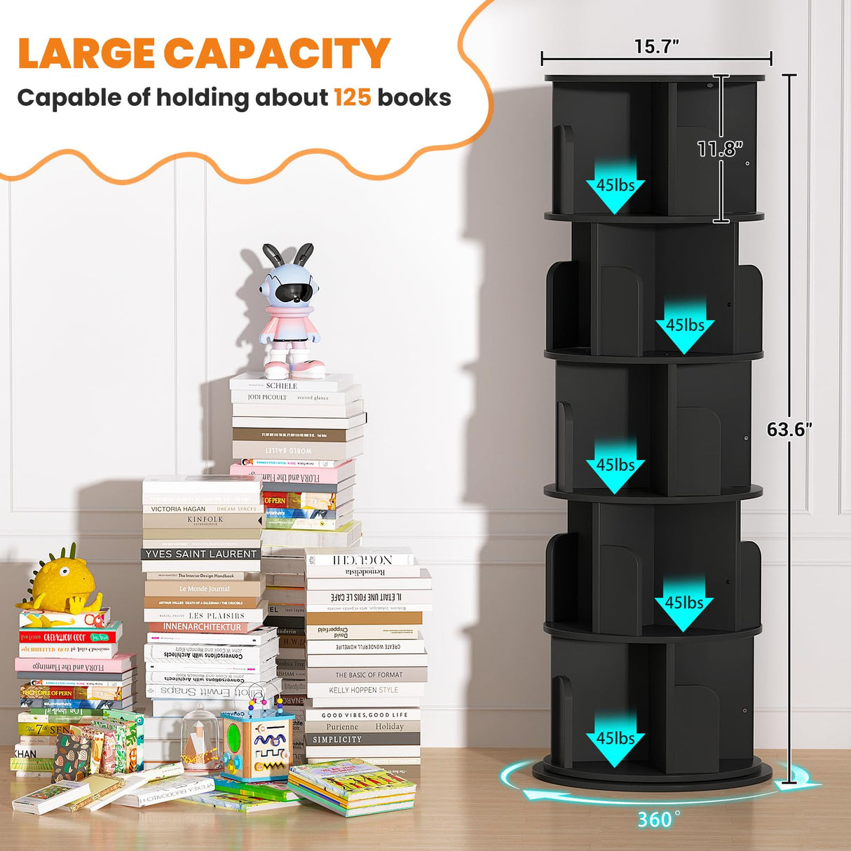 Besiost Rotating Bookshelf Tower, 5 Tier Spinning Bookcase, Revolving 360 Book Shelf Narrow Tall Bookcase, Vertical Turning Round Bookshelf Organizer, Wood Corner Book Shelf for Small Space, Black Besiost