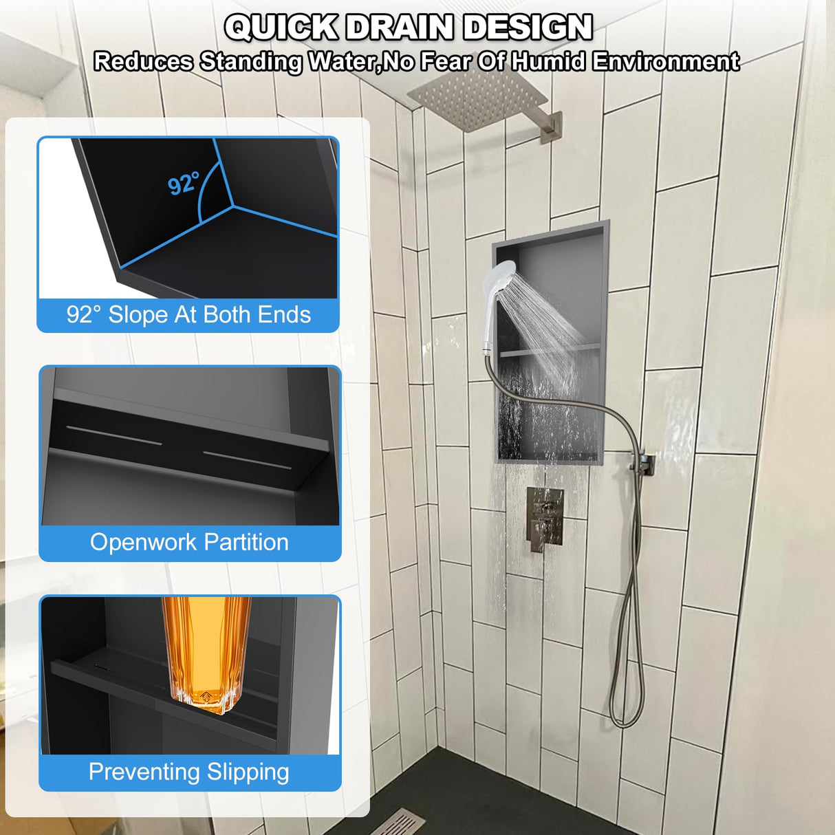 304 Stainless Steel Shower Niche Insert-24 x 12" No Tile Needed Bathroom Niche for Shower Wall-Double Shelves Built in Shower Shelf-Waterproof Recessed Cabinet for Bathroom Living Room Study Kitchen Vlaeng