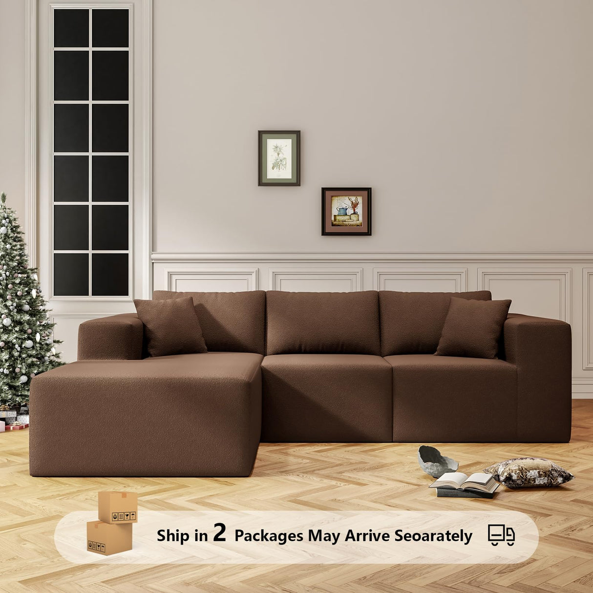 108" Cloud Sectional Couch with L-Shape Chaise,4 Seat Modern Modular Sofa with Deep Seat, Upholstered Couches for Living Room Bedroom, Sectional Boneless Couch (Coffee, 108"+Left Facing Chaise) SYFERLORY