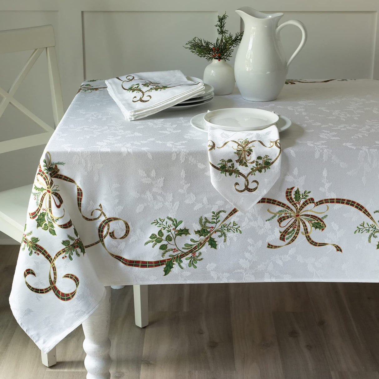 Benson Mills Merry Ribbons Engineered Printed Jacquard Fabric Christmas Table Cloth, for Christmas, Winter, and Holiday Tablecloth (60" x 120" Rectangular, Merry Ribbons) Benson Mills