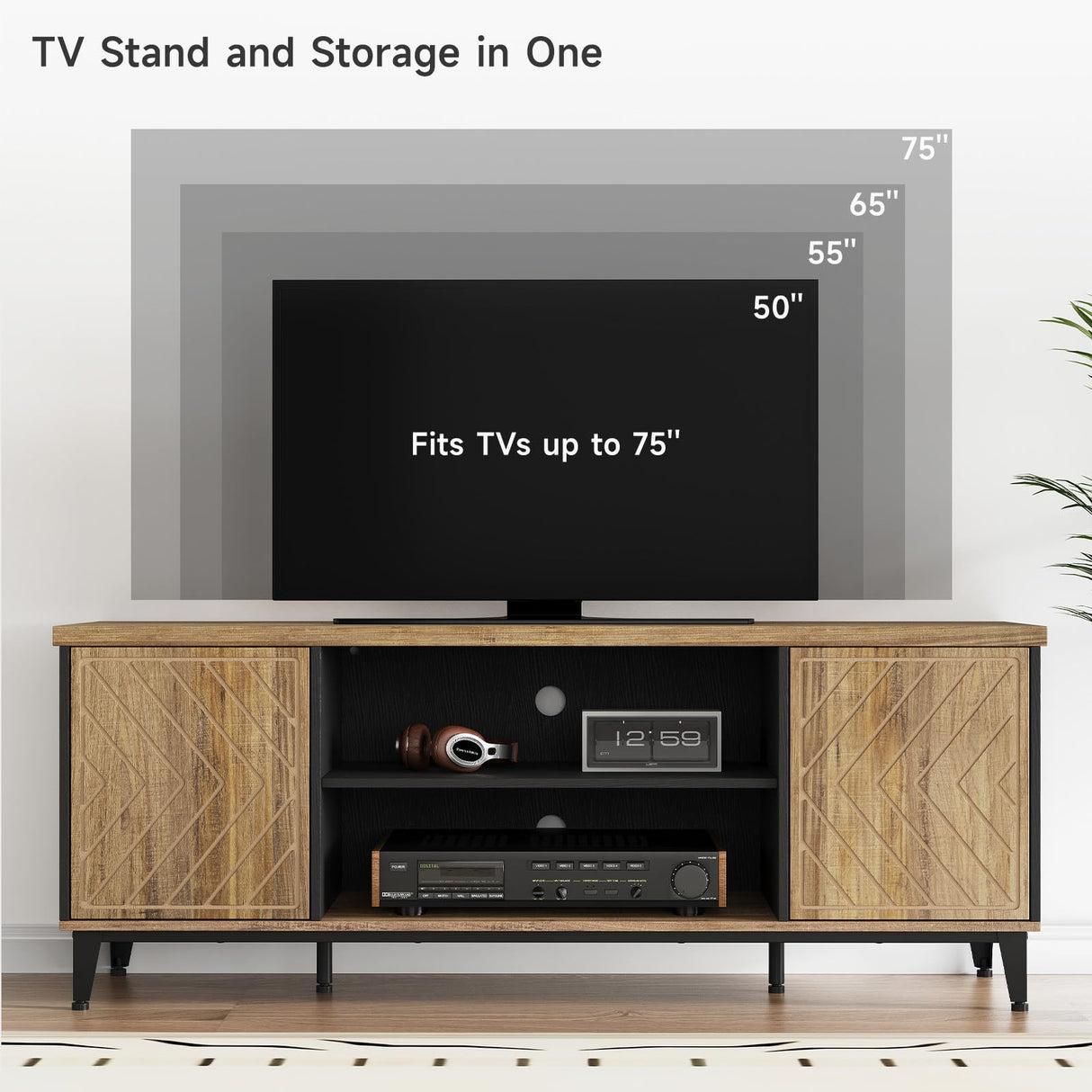 ONBRILL TV Stand for 55/60/65 Inch TV, LED Entertainment Center with Storage Cabinets and Adjustable Shelves, Mid Century Modern Wood TV Media Console for Living Room, Bedroom ONBRILL