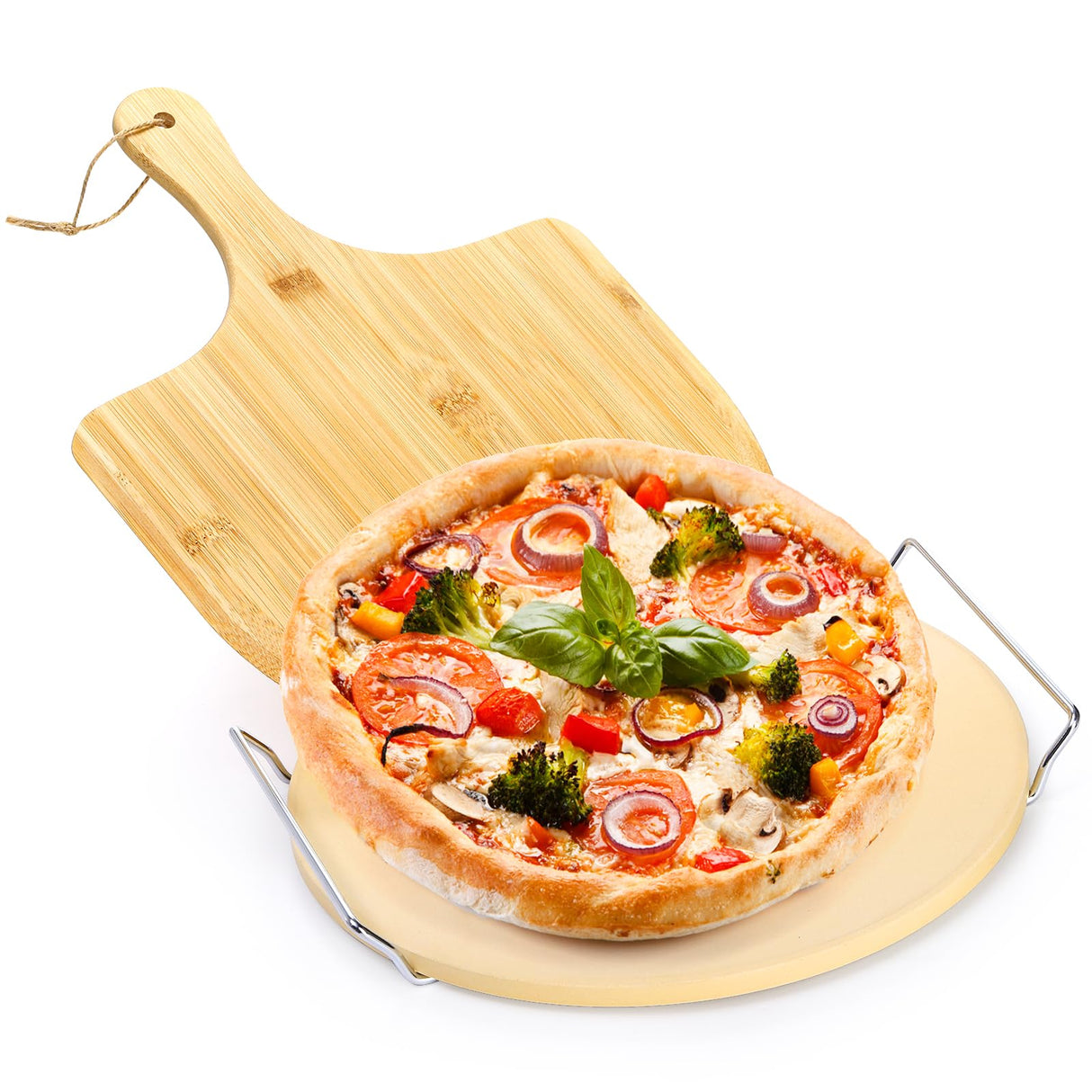 ZENFUN Round Pizza Stone with Wooden Peel and Metal Carry Rack 12 In Cooking Pizza Stone for Oven Baking and BBQ Grilling Round Baking Stone Cordierite Pizza Cooking Pan Free Bamboo Pizza Peel Paddle ZENFUN