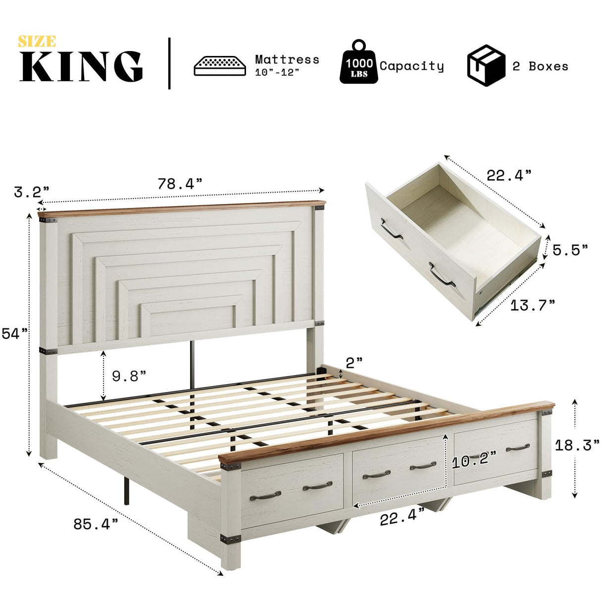AMERLIFE Farmhouse King Size Bed Frame with 54" Tall Geometric Headboard & Footboard, Rustic Wood Platform Bed Frame/w 3 Large Storage Drawers, Wood Slats Support, No Box Spring Needed, Rustic White AMERLIFE