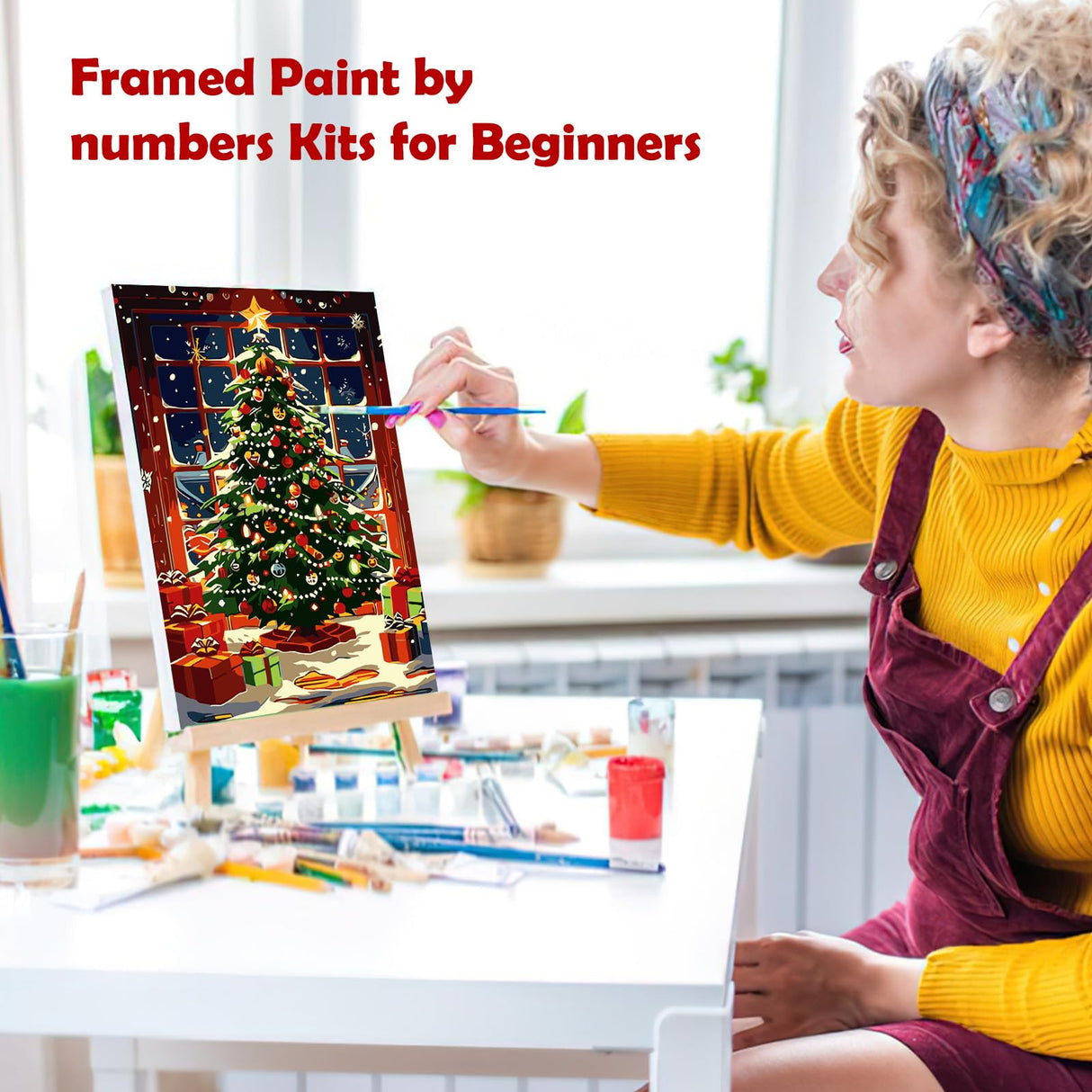 MOGTAA Christmas Paint by Numbers Kit for Adults Beginners with Frame, Christmas Tree Adult Paint by Number Kits on Canvas with Easel, Easy DIY Oil Painting Kits for Home Decor, 8x12in MOGTAA