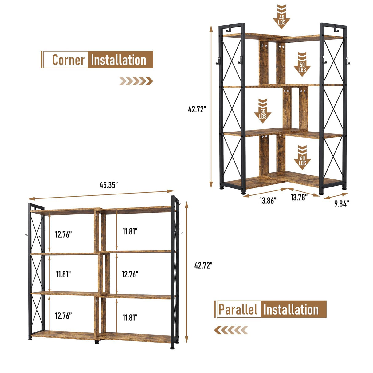 EDWINENE 4 Tier Corner Bookshelf, Industrial l Shaped Bookshelf with Metal Frame, Tall Corner Shelf Stand with 2 Hooks for Living Room, Bedroom, Home Office, Rustic Brown EDWINENE