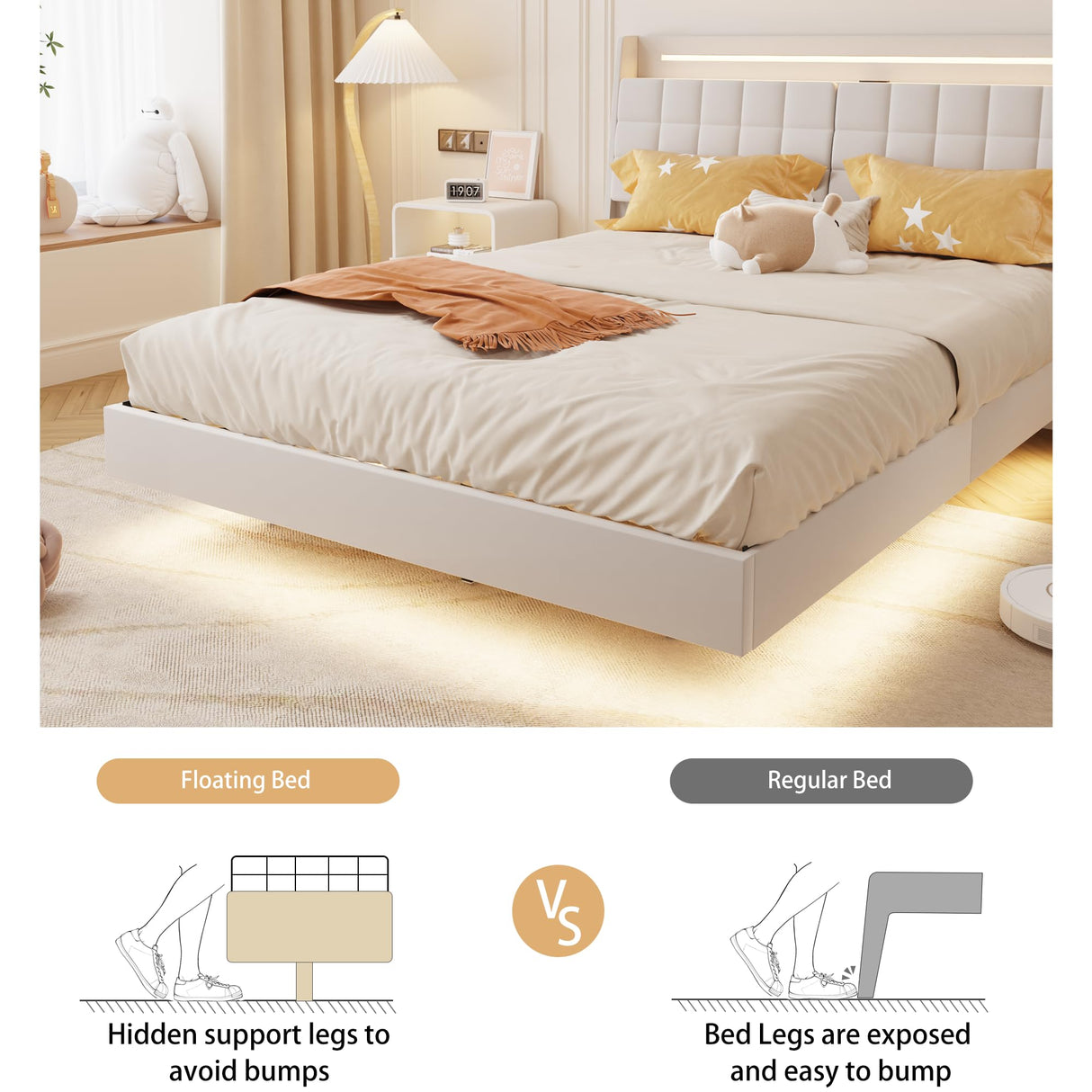 Ushow Modern Queen Floating Bed Frame with LED Lights, Storage Headboard & Charging Station in Beige USHOW