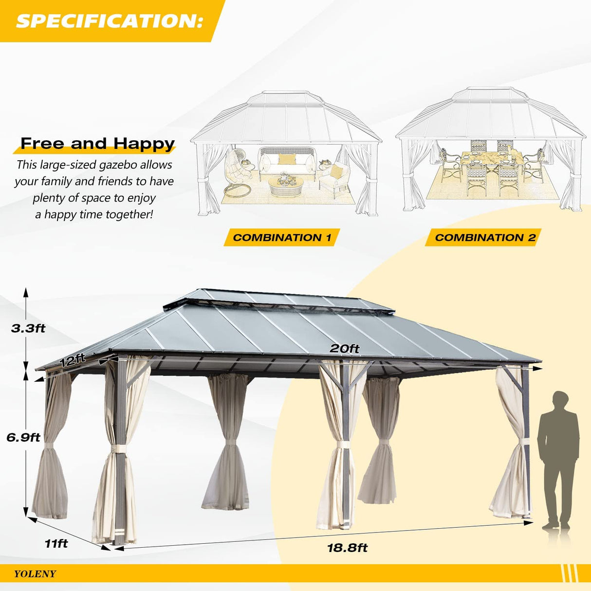 YOLENY 12' X 20' Hardtop Gazebo, Aluminum Composite Ventilation Double Roof Permanent Outdoor Pavilion Pergola Party Tent for Patio, Lawn, Garden, Poolside, Curtains and Netting Included YOLENY