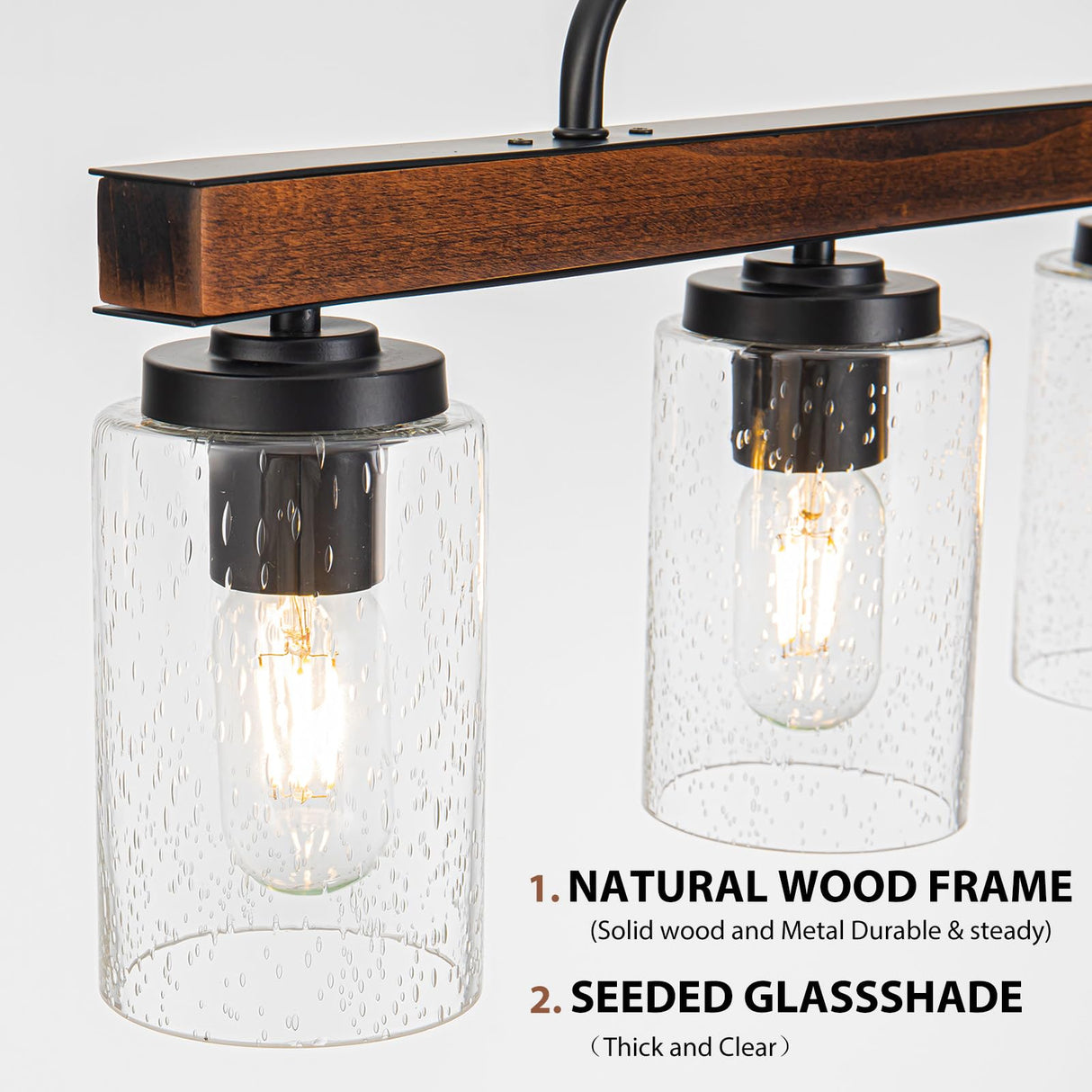 Farmhouse Dining Room Light Fixture, 4-Light Wood Kitchen Island Lighting, Industrial Chandeliers for Dining Room Over Table Black Pendant Light with Seeded Glass Shade for Bar Restaurant HOGBU