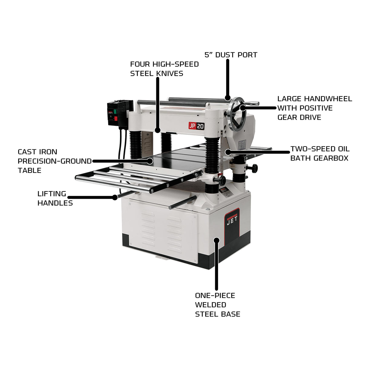 JET 20-Inch Planer, 4 HSS Knives, 3 HP, 1Ph 230V (JWP-208-1) Jet