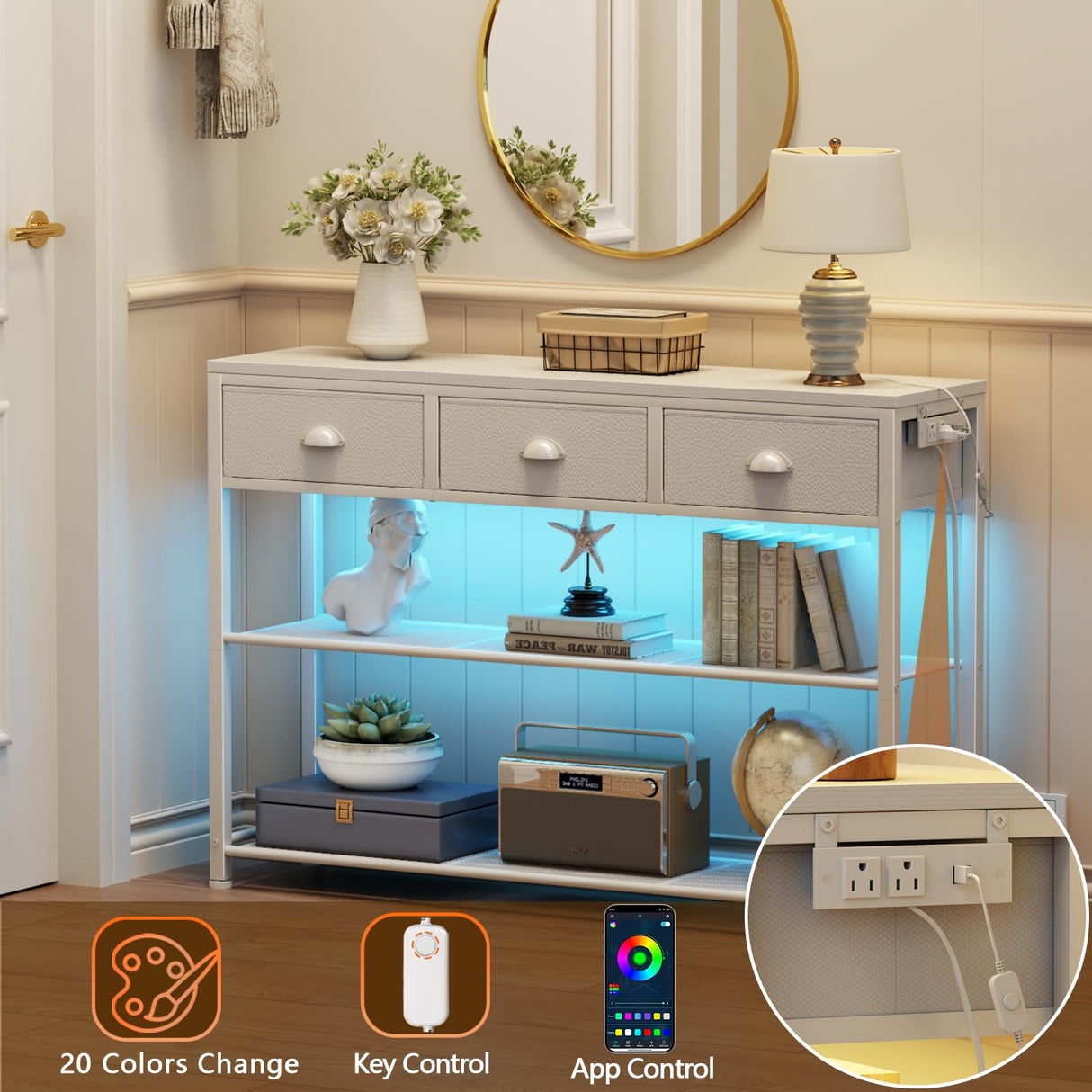 Furologee 38in Console Table with 3 Drawers, Small Sofa Table with Lights and Power Outlets, Hallway Tables with 3-Tier Shelves, White Narrow Console Table for Entryway, Living Room, Couch, Foyer Furologee