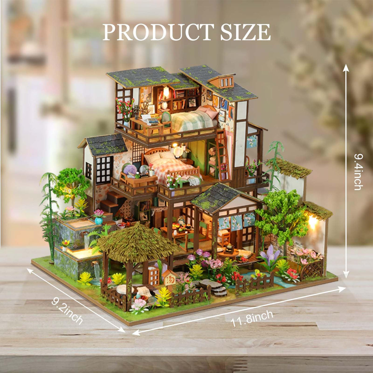 Foyucool Miniature House Kit, Tiny House Kit with Light, DIY Mini House Building Kits for Adults to Building, Unique Gift for Birthday Christmas, Bamboo Spring Courtyard Foyucool