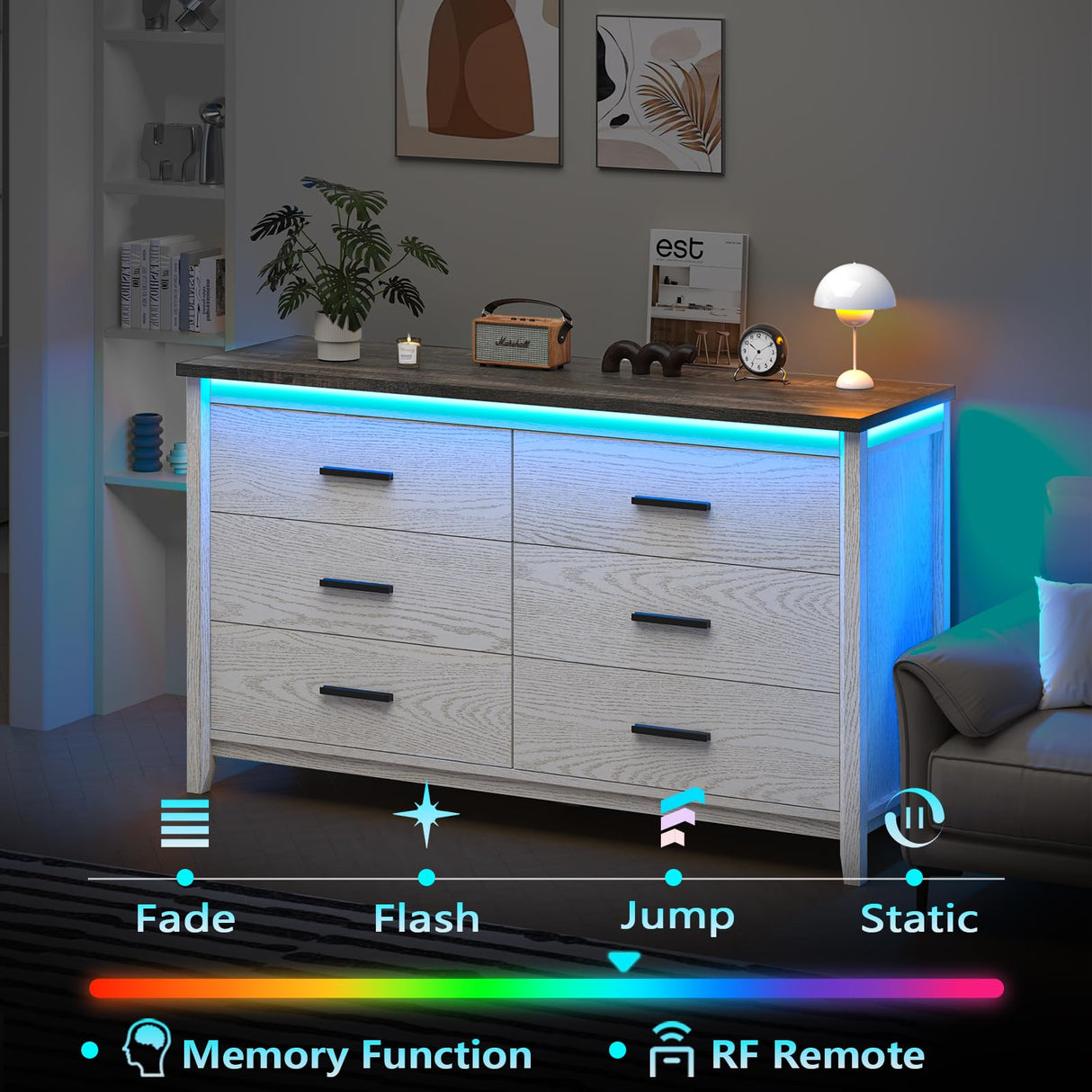 TVU Farmhouse 6 Drawers Wood Dresser with LED, Storage Dresser for Bedroom, Wide Chest of Drawer with Metal Handles TVU