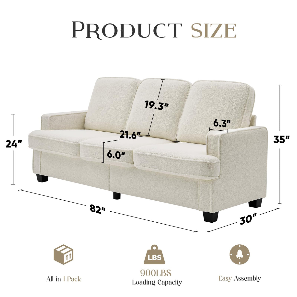 Zelimon Couches for Living Room, 82” Spacious Deep Seat Sofa for Living Room/Bedroom/Office/Apartment, Sofa Bed for Small Spaces, Detachable Futon Couch Cover, Easy to Install, Beige Teddy Fleece Zelimon