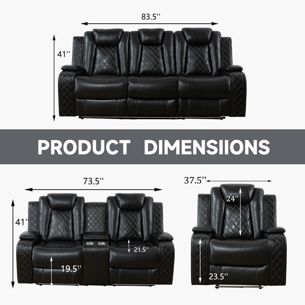 GEBADOL Power Recliner Sofa Set with LED, Black Leather Reclining Living Room Sofa, Muti-Functional Recliner Sofa and Couch with Storage Console/Cup Holders/USB Ports GEBADOL
