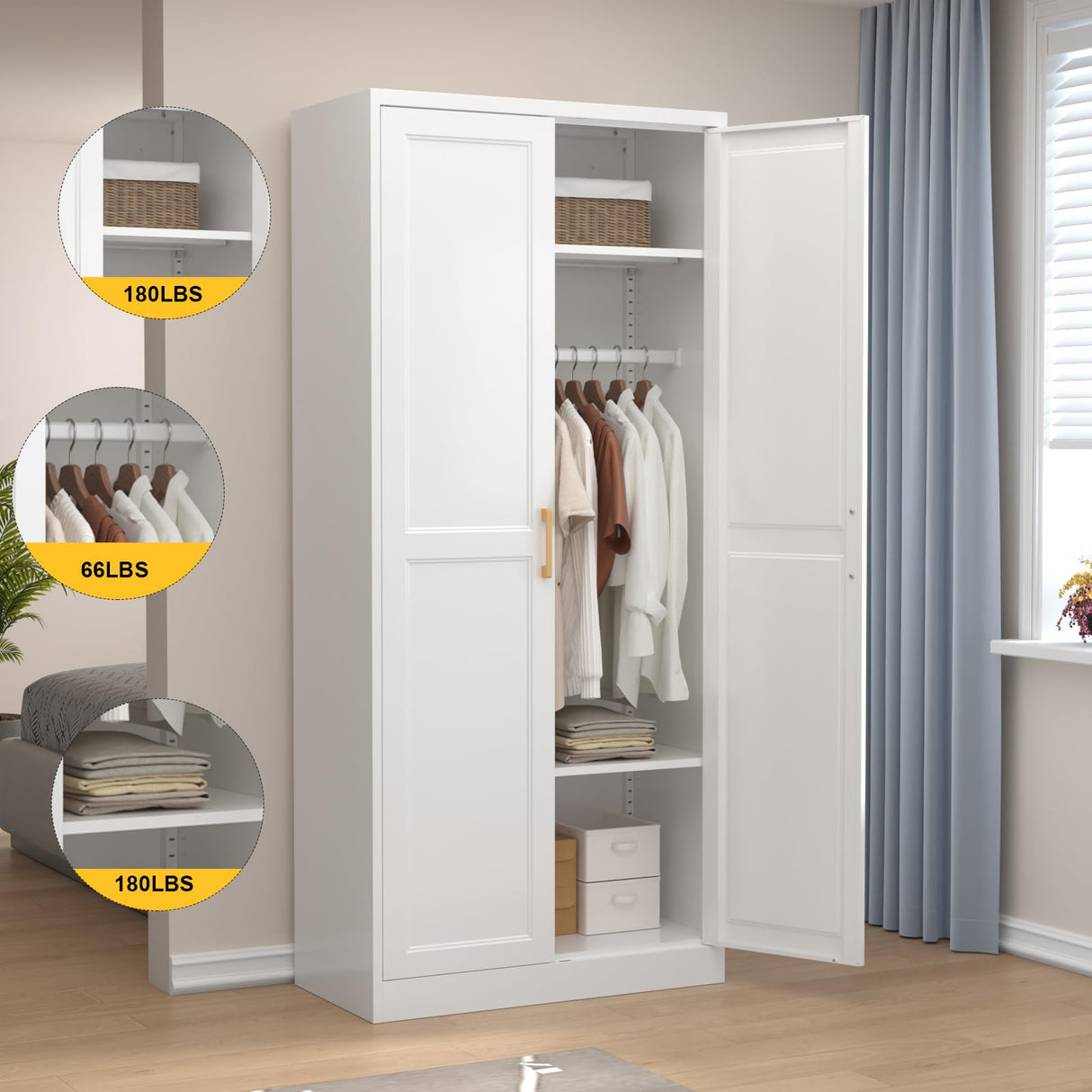 SteeLoong Metal Wardrobe Cabinet with Hanging Rod, 71" Tall Armoire Wardrobe Closet with 2 Doors and Adjustable Shelves, White Clothing Storage Cabinets for Bedroom, Laundry Room, Cloak Room SteeLoong