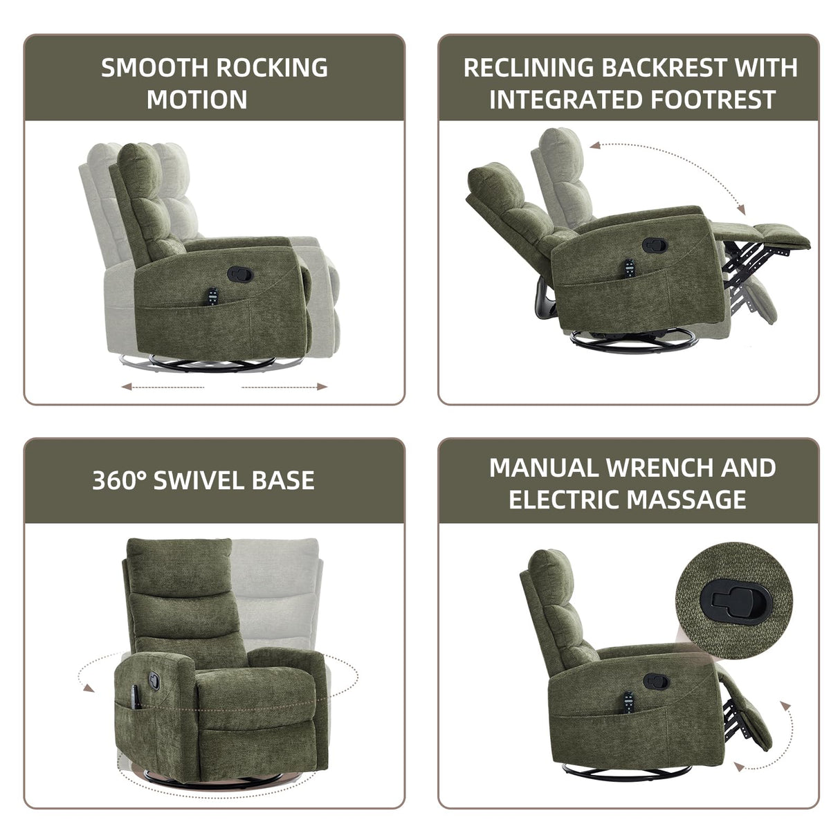 PELUMY Manual Recliner Chair with Heat & Vibration Massage, 360° Swivel Rocker Recliner with 155° Recline and Lumbar Heat, Compact Recliner for Living Room & Small Spaces (Chenille, Green) PELUMY