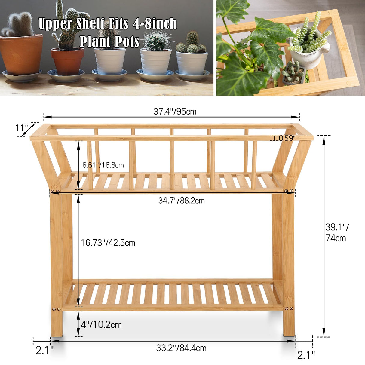 Nnewvante Plant Stand Indoor Bamboo Potted Plant Shelf Table 2 Tier Tall Window-sill Pot Organizer Holder, Sofa Side Entryway Table for Living Room 37.4"x11" Nnewvante