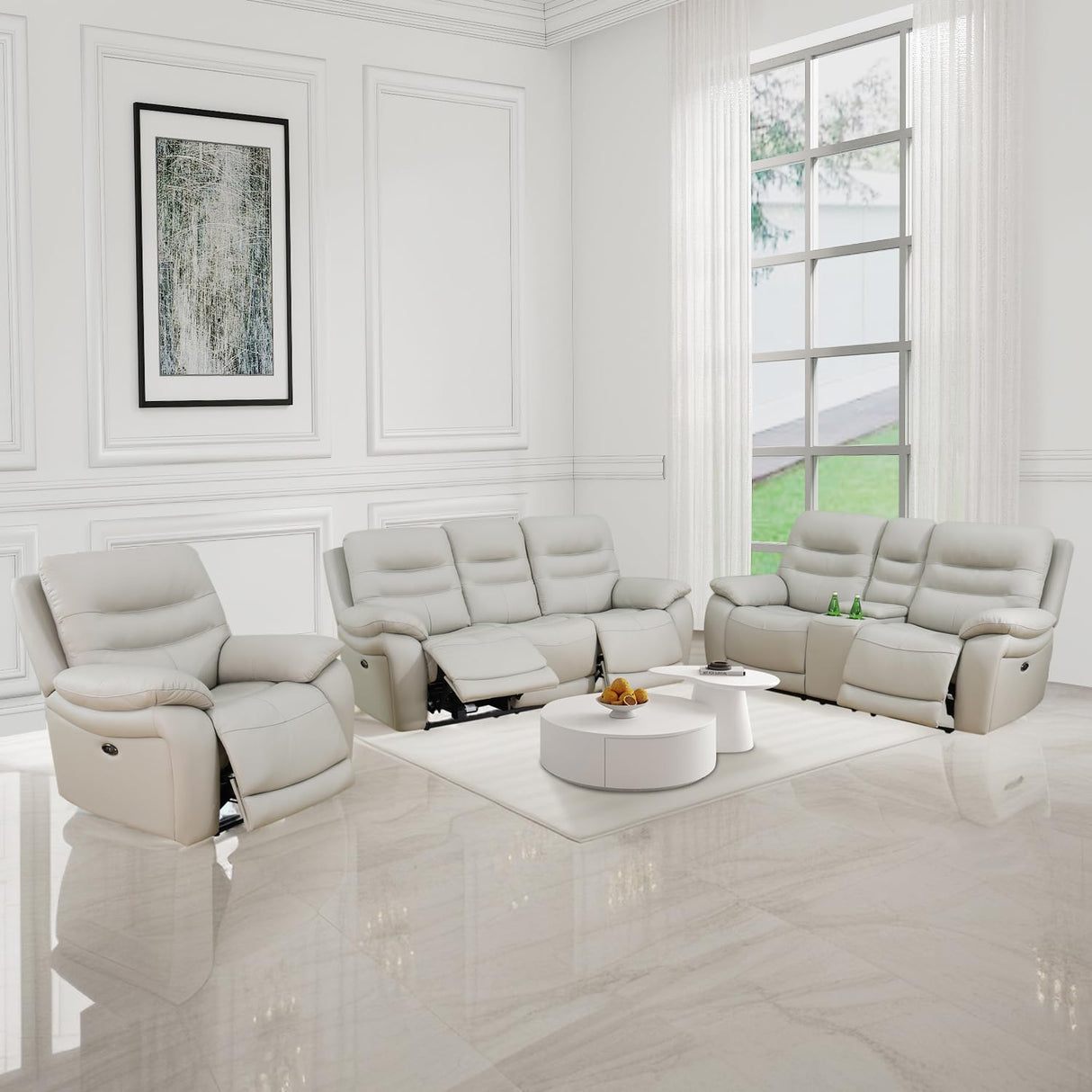 GEBADOL Power Recliner Sofa Set, Genuine Leather Reclining Couch Set, 3 Pieces Top Grain Leather Sofa with Built in Storage Console/USB Port/Cup Holders for Living Room (Light Grey) GEBADOL