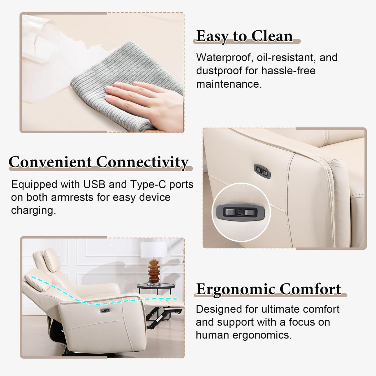 EBELLO Faux Leather Power Reclining 3 Seat Sofa Couch, Electric Recliner Sofa with USB and Type-C Charging Ports,Metal Base, 3 Seats for Small Living Room,Beige EBELLO