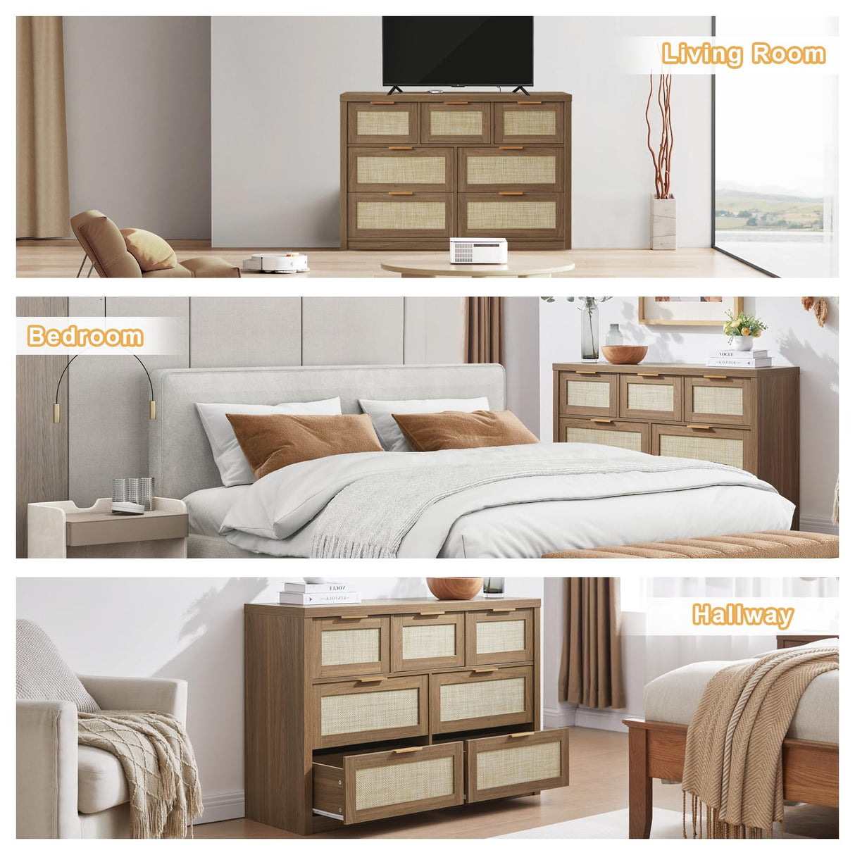 OAKHAM HOME 7 Drawers Dresser, Rattan Dresser TV Stand for Bedroom Closet, Wood Chests of Drawers with Metal Handle and Wide Drawers, 52.76" W x 17.71" D x 31.69" H OAKHAM HOME