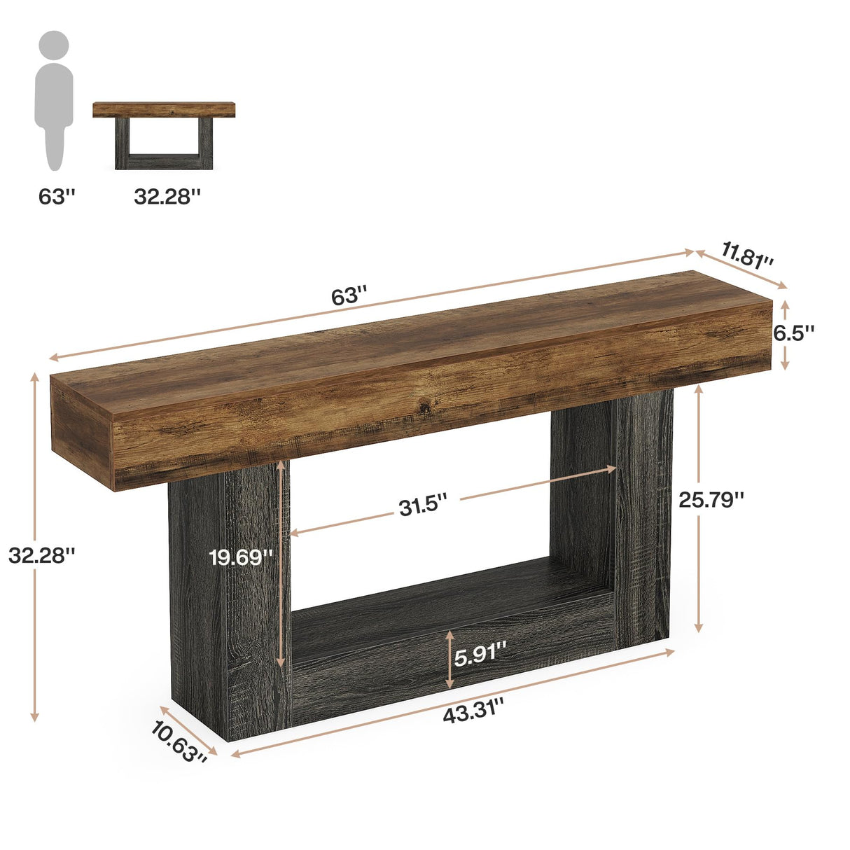Tribesigns 63" Console Table, Farmhouse 2-Tier Entryway Table with U-Shaped Base, Narrow Long Wood Sofa Table Behind Couch Table for Living Room, Hallway, Foyer, Vintage Brown & Gray Tribesigns