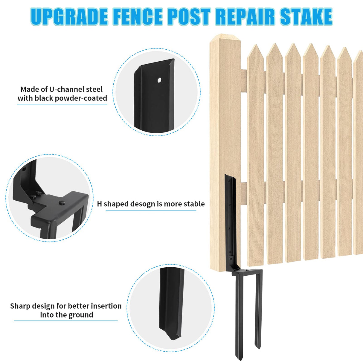 Nrspp Heavy Duty Steel Fence Post Repair Stakes, 4 Pcs Fence Post Anchor Double Ground Spike for Repair Tilted/Broken Wood Fence Post Nrspp