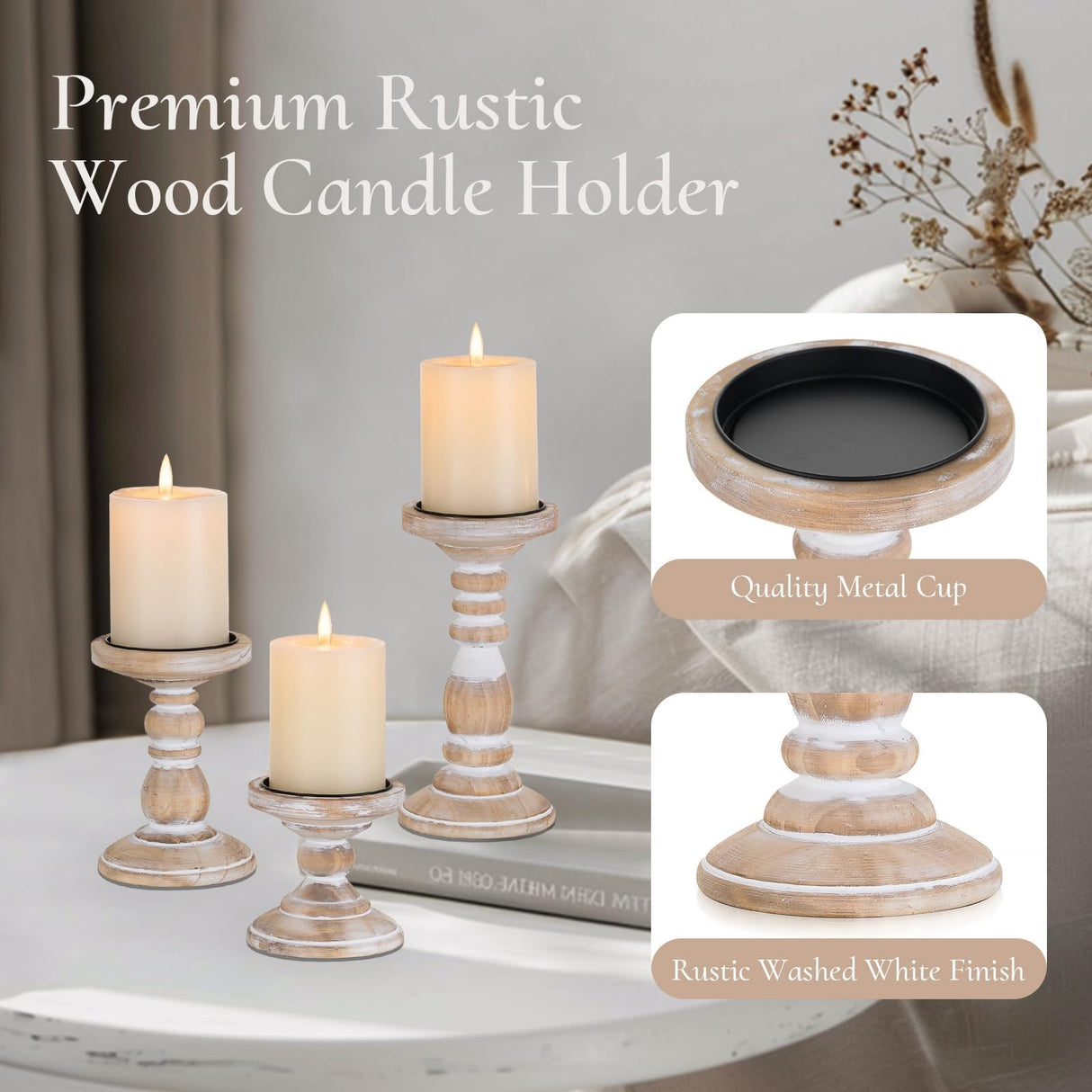 Inweder Wood Pillar Candle Holder: 3Pcs Rustic White Candle Holders for Pillar Candles Wood Candle Holders Distressed Wooden Farmhouse Candle Holder Large Rustic Candle Holder for Fireplace Table Inweder