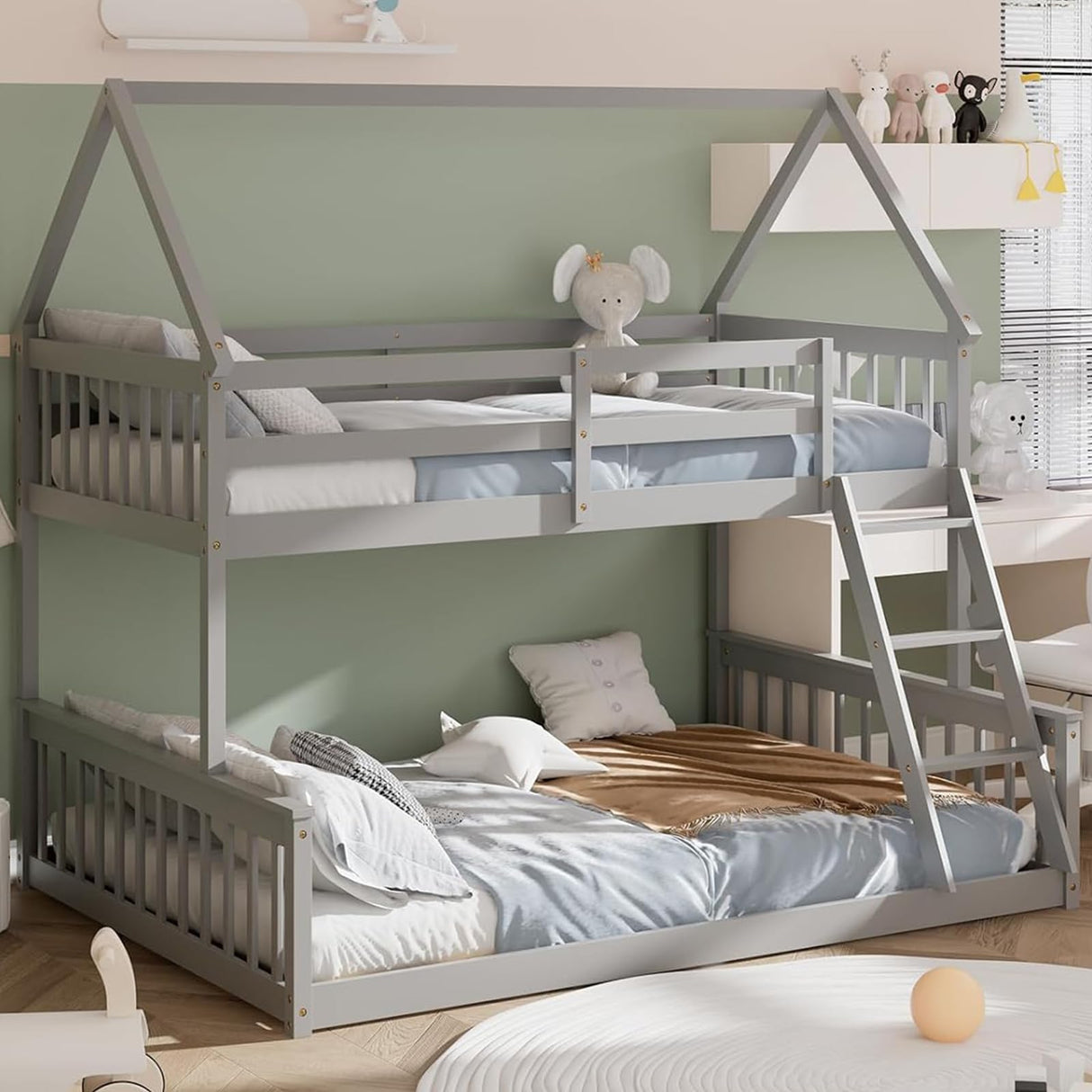 Giantex Wood Twin Over Full Bunk Bed, Solid Wood House Bed Frame Built in Ladder & Safety Guardrails, Convertible to 2 Beds, Floor Bunk Bed for Kids Teens Juniors, No Box Spring Needed, Grey Giantex