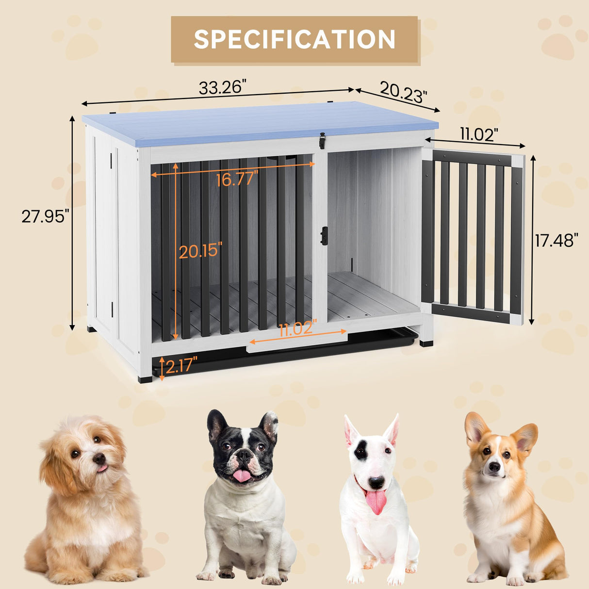 GarveeLife 33in Furniture Dog Crate, Large/Medium Dog Crate End Table, Solid Wood Portable Foldable Indoor, No Assembly Needed (White and Blue) GarveeLife