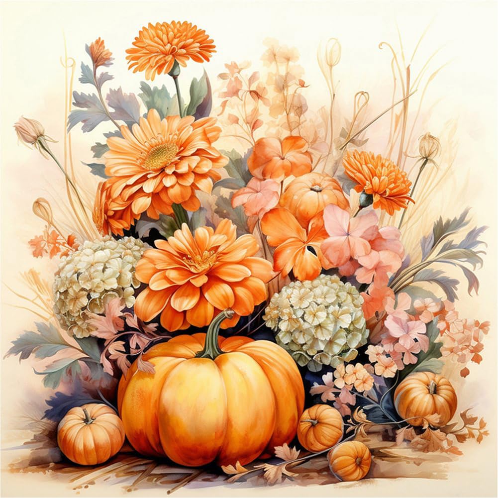 Stalente Diamond Painting Kits for Adults Autumn Pumpkin, 5D DIY Diamond Art Kits for Beginners Round Full Drill Diamond Painting for Home Wall Decoration Gift 12×12inch, Chrysanthemum Flower Stalente