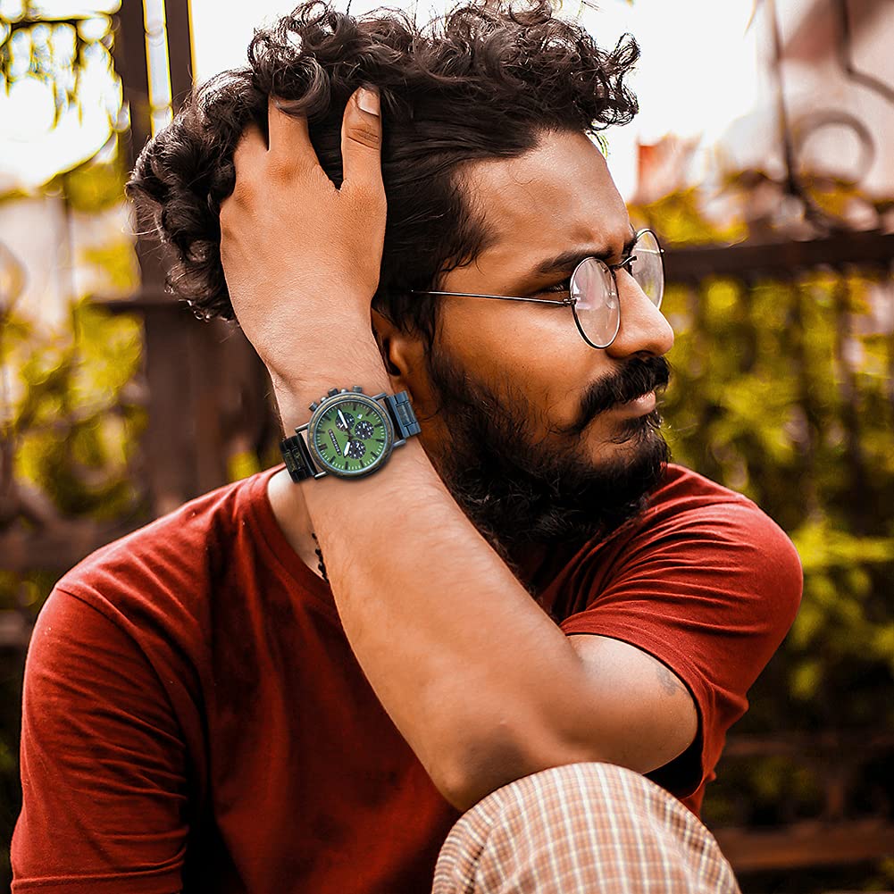2win Engraved Wooden Watch Stylish Green Dial Design Personalized Wood Watches for Men Husband Boyfriend Fiancé Dad Customized Anniversary Birthday Watch (Custom Box Photo) 2win