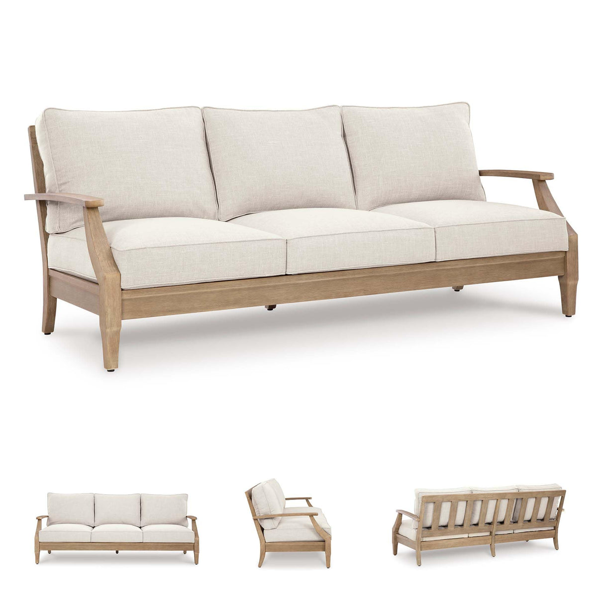 Signature Design by Ashley Carter Hall Outdoor Eucalyptus Wood Patio Sofa – Cushioned with UV-Resistant Nuvella Fabric, 5-Step Protective Finish, Beige Signature Design by Ashley