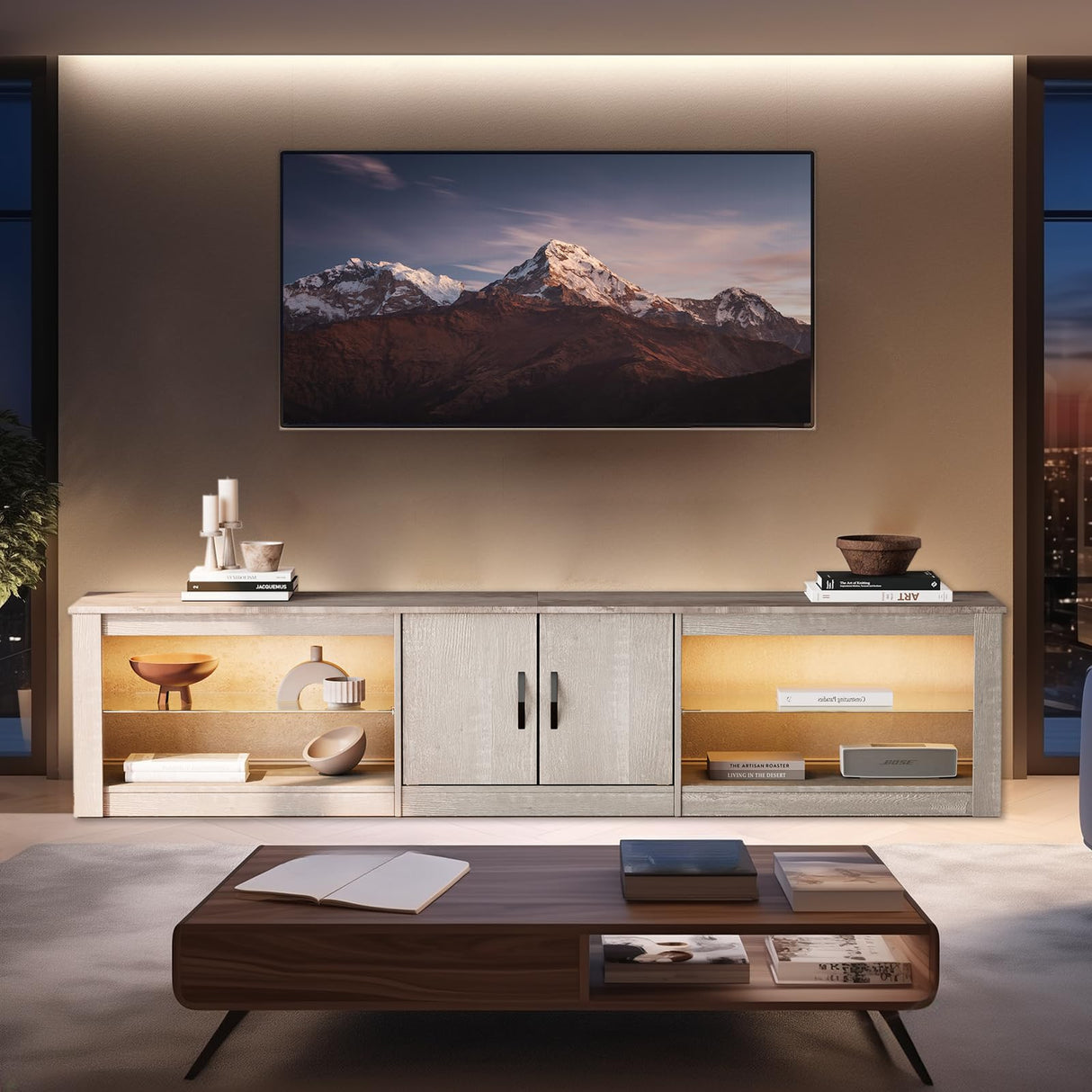 Bestier 80 Inch TV Stand for 65/75/85 inch TVs, Modern LED Entertainment Center with Storage Cabinet, Adjustable Glass Shelves & Cable Management, Gaming TV Console Table for Living Room, Wash White Bestier