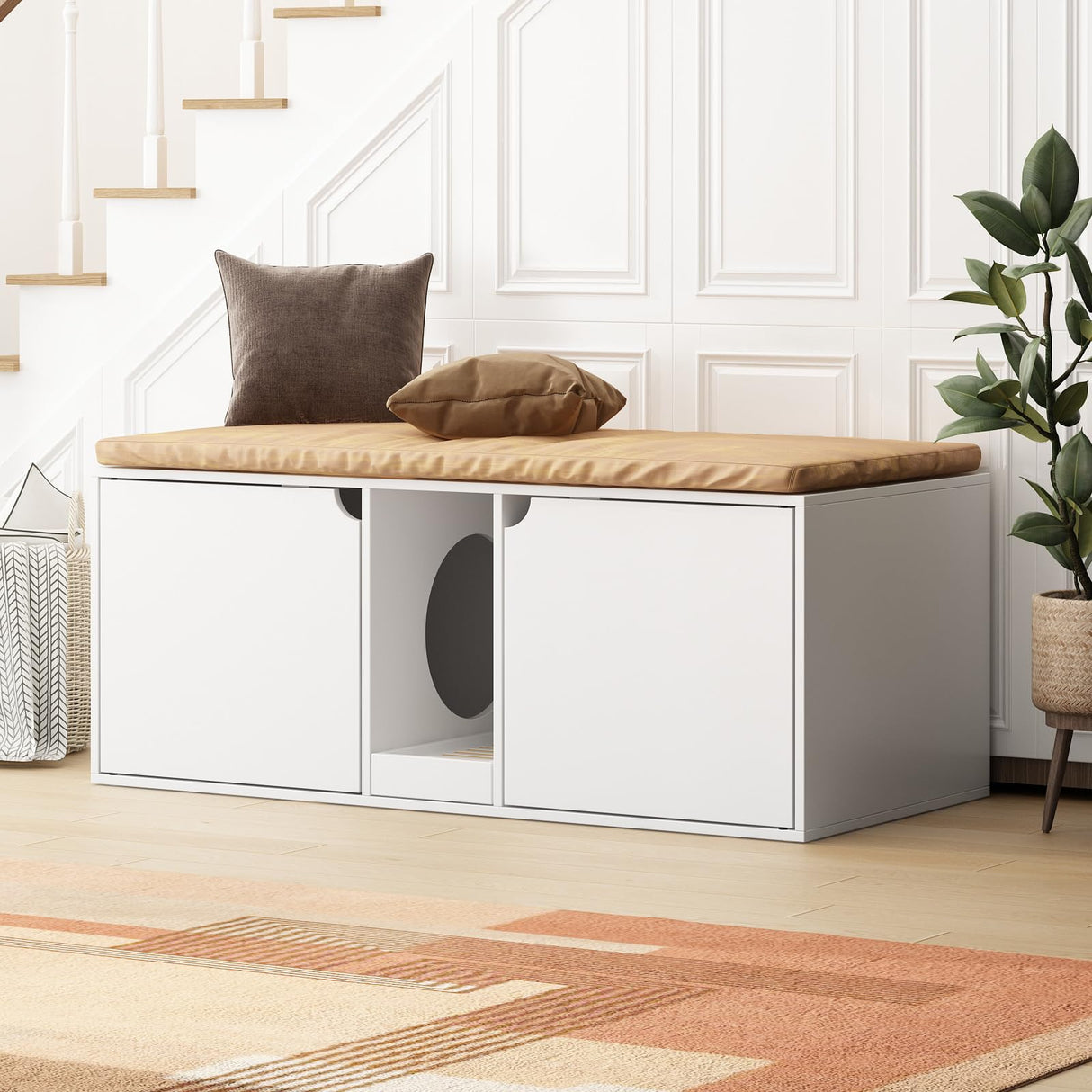 DAWNSPACES Cat Litter Box Enclosure for 2 Cats, Modern Wood Stackable Large Cat Washroom Storage Cabinet Bench End Table Furniture,with Removable Litter Box, White DAWNSPACES